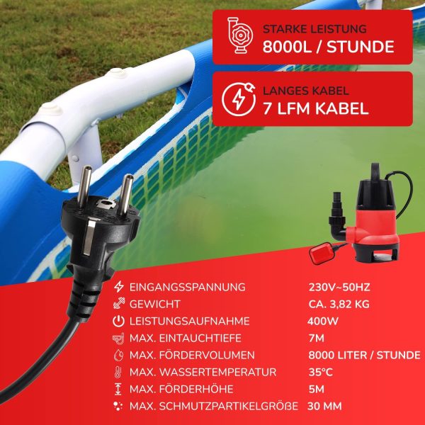 Belko® JP400-D2 Schmutzwasserpumpe mit integriertem Schwimmer-schalter Tauchpumpe mit Griff - 8000 L/h, 5m Förderhöhe, Ø30mm Partikel, 7m Kabel, IPX8 5