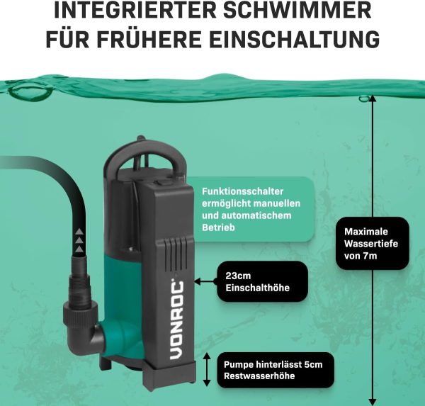 VONROC Tauchpumpe mit integriertem Schwimmer [750W] - Schmutzwasserpumpe für Keller, Pool, Gartenteich - Flachsaugend max Höhe [7,5m] - 1400 l/h für sauberes und schmutziges Wasser 2