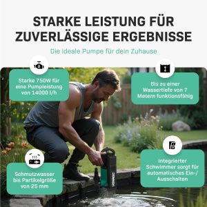 VONROC Tauchpumpe mit integriertem Schwimmer [750W] - Schmutzwasserpumpe für Keller, Pool, Gartenteich - Flachsaugend max Höhe [7,5m] - 1400 l/h für sauberes und schmutziges Wasser 11