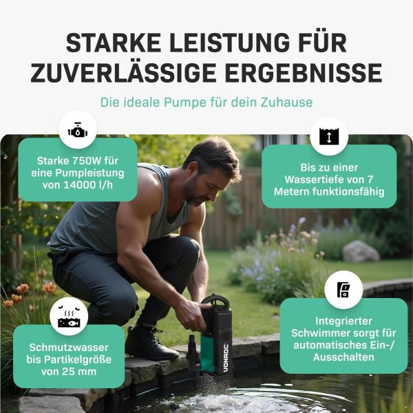 VONROC Tauchpumpe mit integriertem Schwimmer [750W] - Schmutzwasserpumpe für Keller, Pool, Gartenteich - Flachsaugend max Höhe [7,5m] - 1400 l/h für sauberes und schmutziges Wasser 3