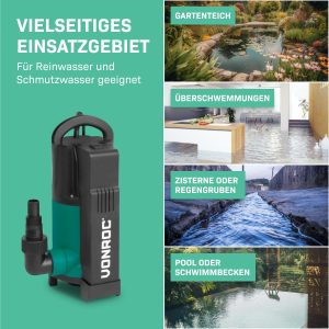 VONROC Tauchpumpe mit integriertem Schwimmer [750W] - Schmutzwasserpumpe für Keller, Pool, Gartenteich - Flachsaugend max Höhe [7,5m] - 1400 l/h für sauberes und schmutziges Wasser 13