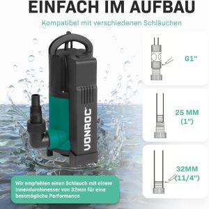 VONROC Tauchpumpe mit integriertem Schwimmer [750W] - Schmutzwasserpumpe für Keller, Pool, Gartenteich - Flachsaugend max Höhe [7,5m] - 1400 l/h für sauberes und schmutziges Wasser 15