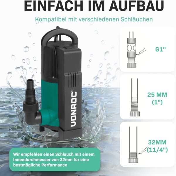 VONROC Tauchpumpe mit integriertem Schwimmer [750W] - Schmutzwasserpumpe für Keller, Pool, Gartenteich - Flachsaugend max Höhe [7,5m] - 1400 l/h für sauberes und schmutziges Wasser 5