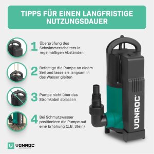 VONROC Tauchpumpe mit integriertem Schwimmer [750W] - Schmutzwasserpumpe für Keller, Pool, Gartenteich - Flachsaugend max Höhe [7,5m] - 1400 l/h für sauberes und schmutziges Wasser 17