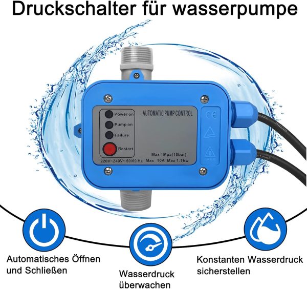 NAIZY Pumpensteuerung Druckschalter max.10 bar Automatische Druckwächter Wasserpumpe mit Kabel&Stecker IP65 für Hauswasserwerk Tiefbrunnenpumpen Gartenbewässerung (Typ A) 5