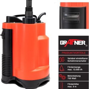 Grafner Drainage Tauchpumpe 750 Watt bis 13000 l/h Förderleistung, mit Schwimmschalter, flachabsaugend bis 25 mm, Ø16mm Fremdkörper, Drainage Schmutzwasserpumpe Schacht Druckpumpe Rot 8