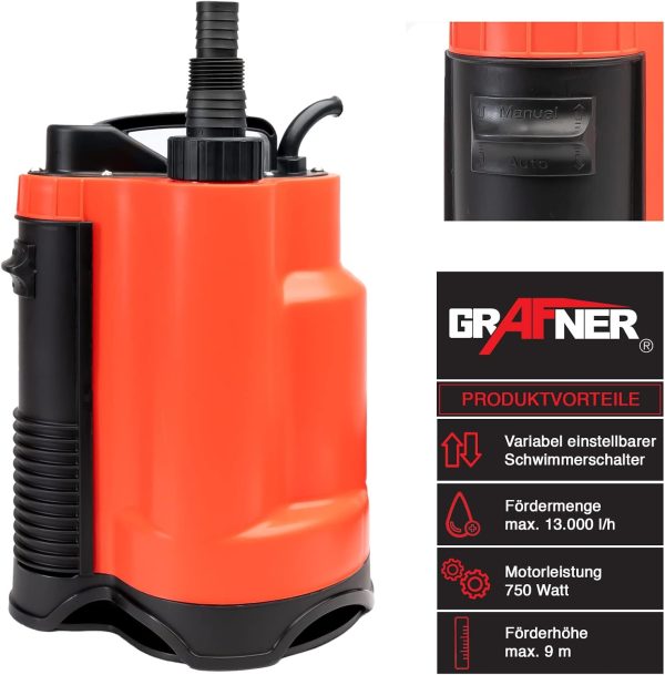 Grafner Drainage Tauchpumpe 750 Watt bis 13000 l/h Förderleistung, mit Schwimmschalter, flachabsaugend bis 25 mm, Ø16mm Fremdkörper, Drainage Schmutzwasserpumpe Schacht Druckpumpe Rot 2