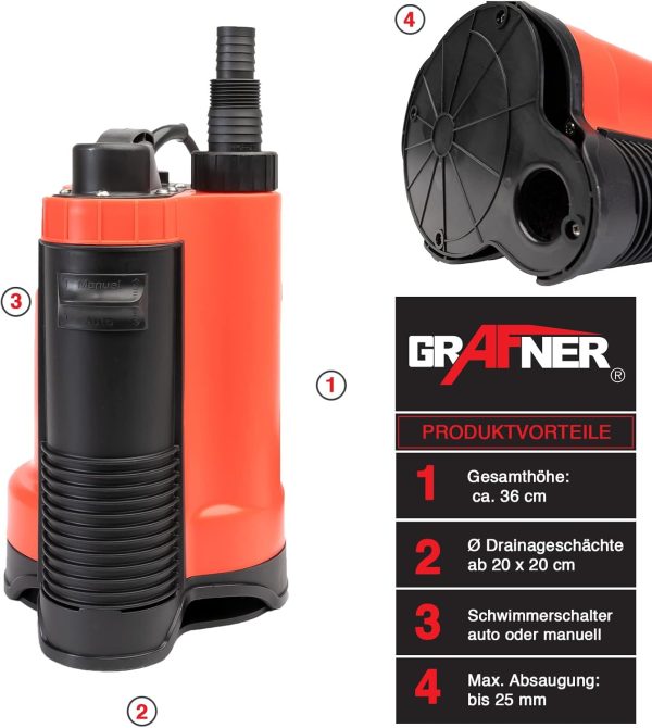 Grafner Drainage Tauchpumpe 750 Watt bis 13000 l/h Förderleistung, mit Schwimmschalter, flachabsaugend bis 25 mm, Ø16mm Fremdkörper, Drainage Schmutzwasserpumpe Schacht Druckpumpe Rot 3