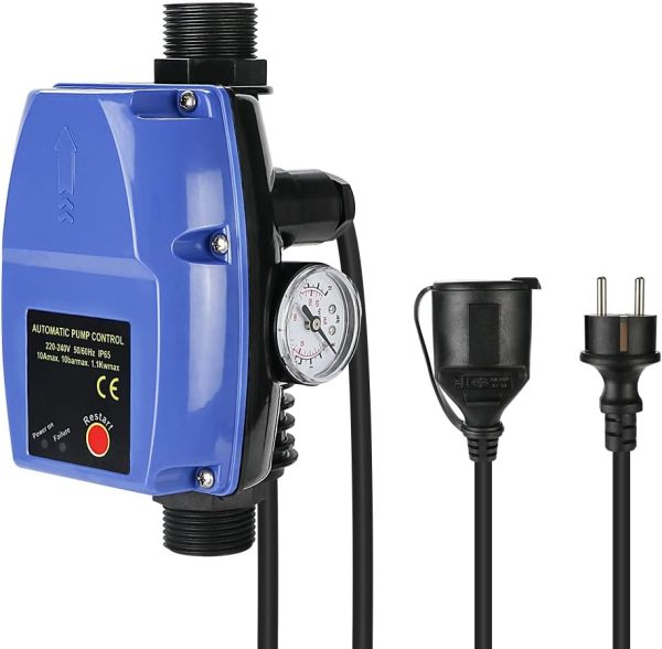 Pumpensteuerung Druckschalter mit Manometer & Kabel, Elektronischer Druckwächter max 10 bar, Durchflusswächter für Hauswasserwerk, Kreiselpumpe, Tauchpumpe, Tiefbrunnenpumpe und Gartenpumpe 1