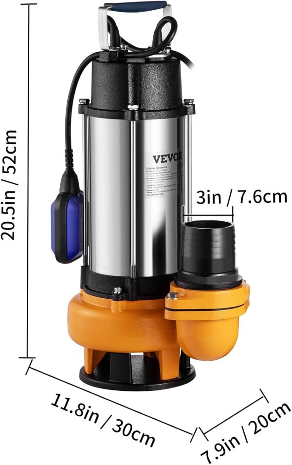 VEVOR Schmutzwasserpumpe mit var. Schwimmerschalter Tauchpumpe 2200W Gartenpumpe Durchfluss 60000L/h Schmutzwassertauchpumpe max. Hub 18m Wasserpumpe IPX8 Ideal zum Pumpen von Wasser 8