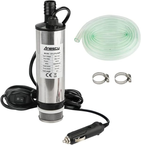 Edelstahl Transfer Pumpe 12V Φ51mm Wasserpumpe Tauchpumpe für Auto Diesel Öl Heizöl Wasser Kraftstofftransfer Pumpe mit Zigarettenanzünder, Herausnehmbarem Filter, 3m Kabel +PVC Transparenter Schlauch 1