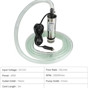 Edelstahl Transfer Pumpe 12V Φ51mm Wasserpumpe Tauchpumpe für Auto Diesel Öl Heizöl Wasser Kraftstofftransfer Pumpe mit Zigarettenanzünder, Herausnehmbarem Filter, 3m Kabel +PVC Transparenter Schlauch 10