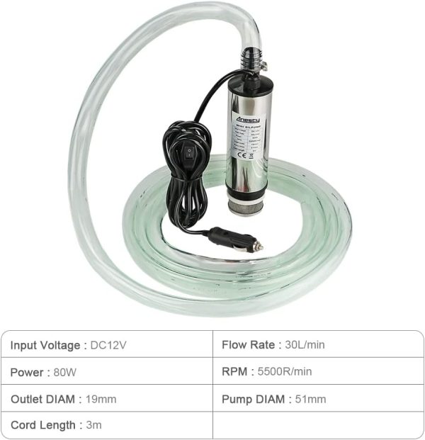 Edelstahl Transfer Pumpe 12V Φ51mm Wasserpumpe Tauchpumpe für Auto Diesel Öl Heizöl Wasser Kraftstofftransfer Pumpe mit Zigarettenanzünder, Herausnehmbarem Filter, 3m Kabel +PVC Transparenter Schlauch 3