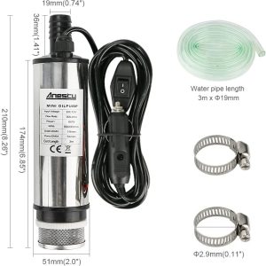 Edelstahl Transfer Pumpe 12V Φ51mm Wasserpumpe Tauchpumpe für Auto Diesel Öl Heizöl Wasser Kraftstofftransfer Pumpe mit Zigarettenanzünder, Herausnehmbarem Filter, 3m Kabel +PVC Transparenter Schlauch 14