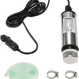 Edelstahl Transfer Pumpe 12V Φ51mm Wasserpumpe Tauchpumpe für Auto Diesel Öl Heizöl Wasser Kraftstofftransfer Pumpe mit Zigarettenanzünder, Herausnehmbarem Filter, 3m Kabel +PVC Transparenter Schlauch 16