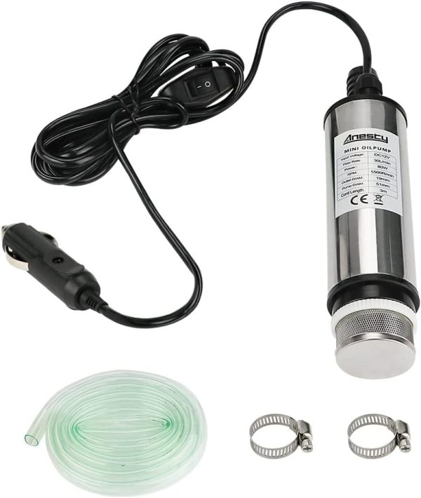 Edelstahl Transfer Pumpe 12V Φ51mm Wasserpumpe Tauchpumpe für Auto Diesel Öl Heizöl Wasser Kraftstofftransfer Pumpe mit Zigarettenanzünder, Herausnehmbarem Filter, 3m Kabel +PVC Transparenter Schlauch 6