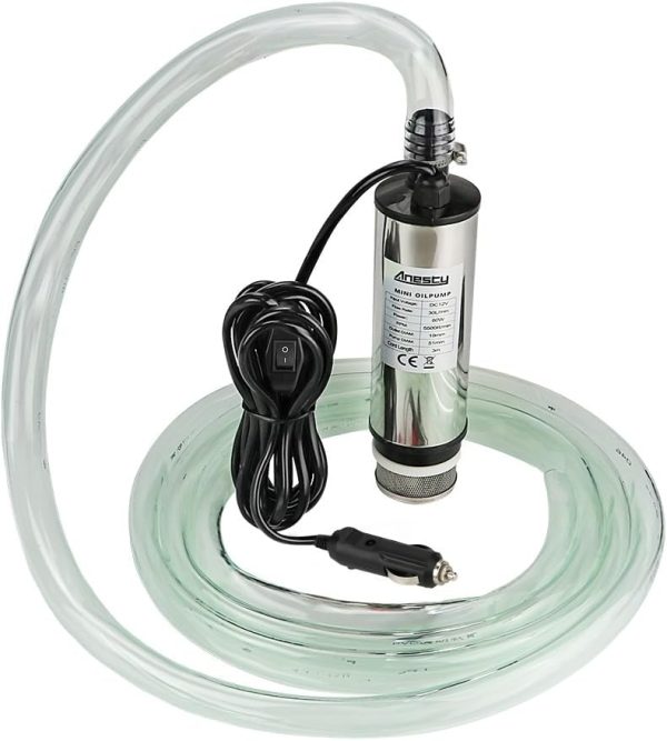 Edelstahl Transfer Pumpe 12V Φ51mm Wasserpumpe Tauchpumpe für Auto Diesel Öl Heizöl Wasser Kraftstofftransfer Pumpe mit Zigarettenanzünder, Herausnehmbarem Filter, 3m Kabel +PVC Transparenter Schlauch 7