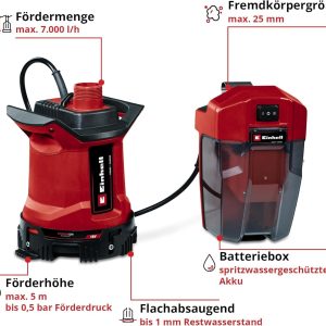 Einhell Akku-Schmutzwasserpumpe GE-DP 18/25 LL Li-Solo Power X-Change (18 V, 7.000 L/h Fördermenge, flachabsaugend, 5 m Förderhöhe, ECO- und BOOST-Modus, ohne Akku) 15