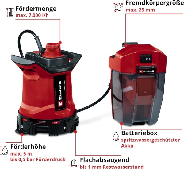 Einhell Akku-Schmutzwasserpumpe GE-DP 18/25 LL Li-Solo Power X-Change (18 V, 7.000 L/h Fördermenge, flachabsaugend, 5 m Förderhöhe, ECO- und BOOST-Modus, ohne Akku) 3