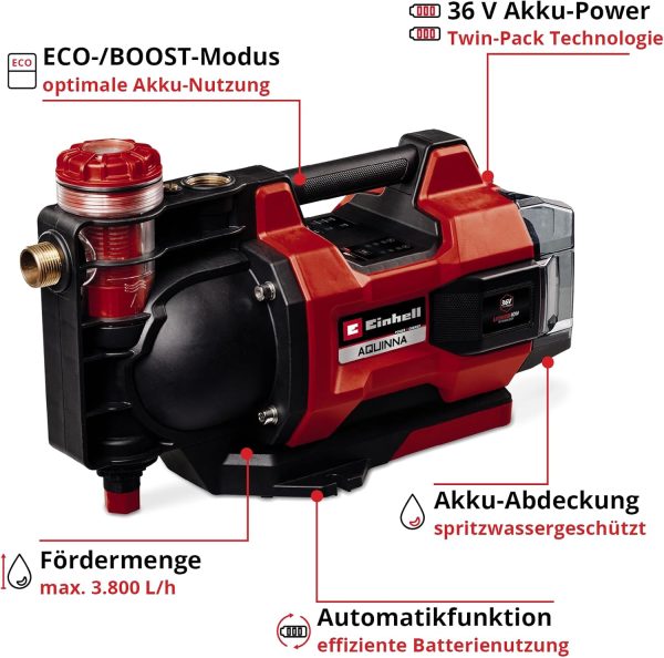 Einhell automatische Akku-Gartenpumpe AQUINNA 36/38 F LED AUTOMATIC Power X-Change (36 V, max. 3800 L/h, max. 37 m Förderhöhe, Automatikfunktion, ECO/Boost, Vorfilter, ohne Akku) 3