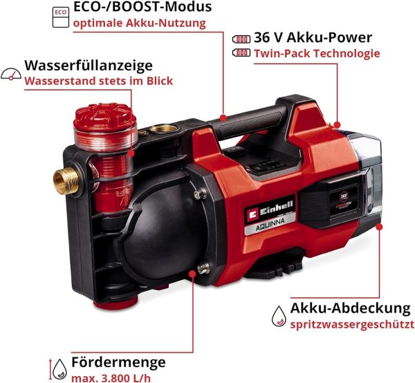 Einhell Akku-Gartenpumpe AQUINNA 36/38 F LED Power X-Change (36 V, max. 3800 L/h Fördermenge, max. 37 m Förderhöhe, ECO / Boost, Vorfilter, Überlast- & Frostschutz, ohne Akku) 3