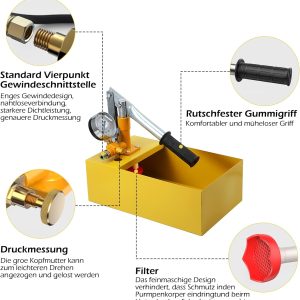 Dyna-Living Abdrückpumpe Prüfpumpe Befüllpumpe Solar Prüfpumpe, Druckprüfpumpe, Heizleckdruckprüfpumpe, Hydraulikdruckprüfpumpe 25bar / 2,5MPa Wasserdruckprüfer 5L Tankvolumen 11