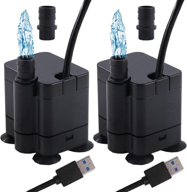 2 stück USB Mini Wasserpumpen(180L/H, 3W), Ultra Leise Aquarium pumpe mit hohem Hub, brunnenpumpe mit 1,5 m Netzkabel,für Aquarien, Teich, Brunnen, Statuen, Hydrokultur,Wasserpumpe Klein USB 1