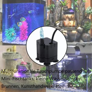 2 stück USB Mini Wasserpumpen(180L/H, 3W), Ultra Leise Aquarium pumpe mit hohem Hub, brunnenpumpe mit 1,5 m Netzkabel,für Aquarien, Teich, Brunnen, Statuen, Hydrokultur,Wasserpumpe Klein USB 22