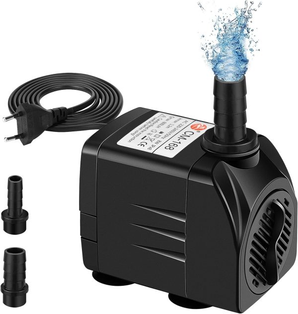 8W 600L/H Mini Wasserpumpe Aquariumpumpe, Aquarium Pumpe, Ultra Leise Tauchpumpe Klein Springbrunnenpumpe mit 1,4 m Netzkabel, 2 Düse für Aquarien Garten Teich Statue (Schwarz) 1