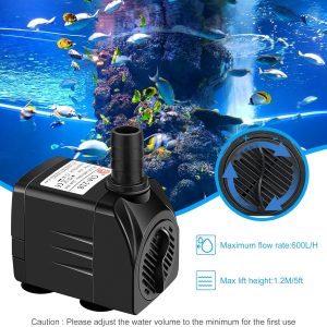 8W 600L/H Mini Wasserpumpe Aquariumpumpe, Aquarium Pumpe, Ultra Leise Tauchpumpe Klein Springbrunnenpumpe mit 1,4 m Netzkabel, 2 Düse für Aquarien Garten Teich Statue (Schwarz) 11