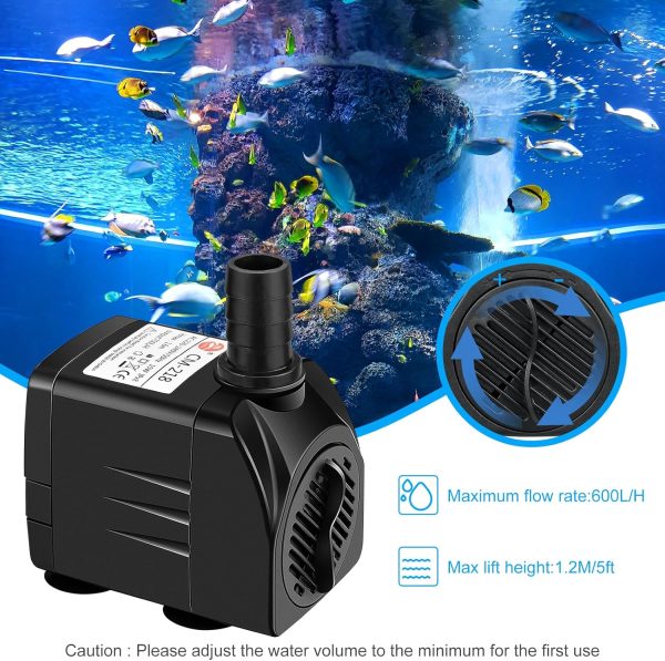 8W 600L/H Mini Wasserpumpe Aquariumpumpe, Aquarium Pumpe, Ultra Leise Tauchpumpe Klein Springbrunnenpumpe mit 1,4 m Netzkabel, 2 Düse für Aquarien Garten Teich Statue (Schwarz) 4