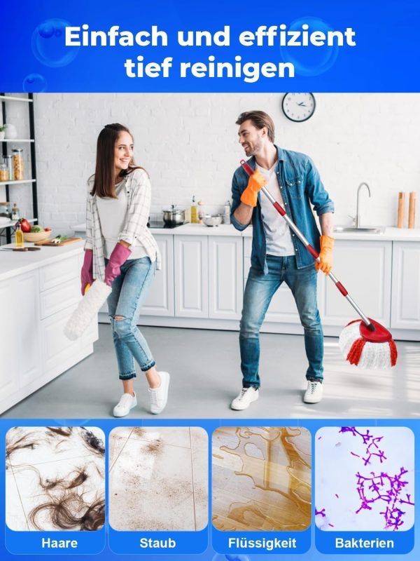 Wischmopp Ersatzköpfe für Turbo 2-in-1, Bodenwischer Set Kompatibel mit Vileda EasyWring&Clean, Wischmop Ersatzbezug, 2 Moppköpfe +1 Stiel +1 Moppbasis für mop, auch fur empfindliche Boden 5