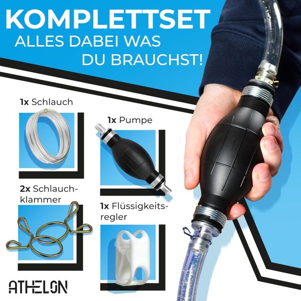 ATHELON® Handpumpe für Benzin, Diesel, Wasser & Öl - XL Umfüllpumpe inkl. Flüssigkeitsregler und 2m Schlauch - Verbesserte Schlauchpumpe [2024] - Zuverlässig & Auslaufsicher 2