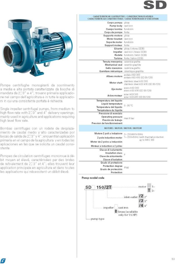 FORAS SD120/2T Kreiselpumpe mit hohem Förderstrom vor allem in der Landwirtschaft eingesetzt, made in Italy, Dauerbetrieb, 400V, 1.1 kW, 500 L/min, 15 m 7