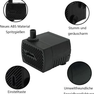 GERUI 2 stück Mini Wasserpumpe,280 L/h 4W 220V-240V 50/60hz Einstellbare Wassermenge 8/13mm,Saugnäpfen Springbrunnen pumpe Geeignet für kleine Aquarien, Aquarienpumpen, Gärten 10