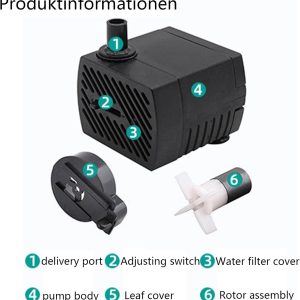 GERUI 2 stück Mini Wasserpumpe,280 L/h 4W 220V-240V 50/60hz Einstellbare Wassermenge 8/13mm,Saugnäpfen Springbrunnen pumpe Geeignet für kleine Aquarien, Aquarienpumpen, Gärten 12