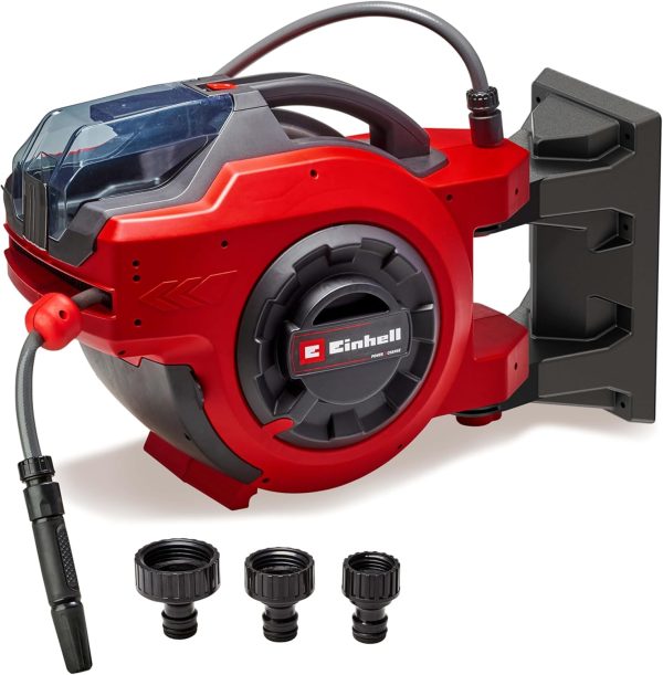 Einhell Akku-Schlauchtrommel GE-HR 18/30 Li-Solo Power X-Change (18 V, automatische Schlauchaufwicklung, bis zu 180° schwenkbar, Wandhalterung, 30 m Gartenschlauch & -spritze, ohne Akku) 1