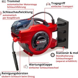 Einhell Akku-Schlauchtrommel GE-HR 18/30 Li-Solo Power X-Change (18 V, automatische Schlauchaufwicklung, bis zu 180° schwenkbar, Wandhalterung, 30 m Gartenschlauch & -spritze, ohne Akku) 14