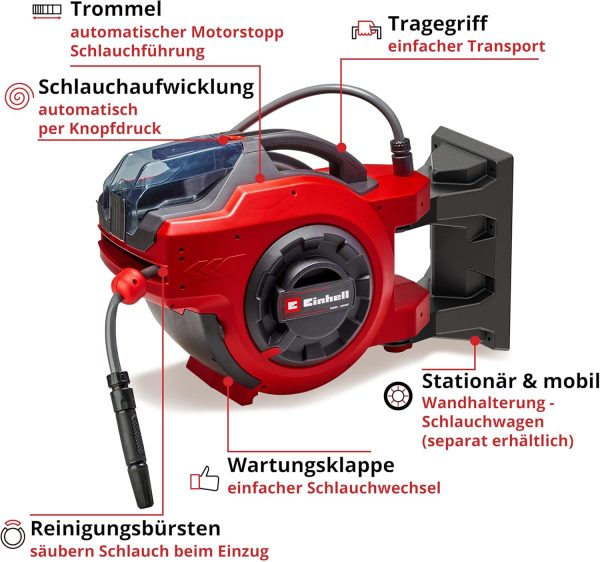 Einhell Akku-Schlauchtrommel GE-HR 18/30 Li-Solo Power X-Change (18 V, automatische Schlauchaufwicklung, bis zu 180° schwenkbar, Wandhalterung, 30 m Gartenschlauch & -spritze, ohne Akku) 3