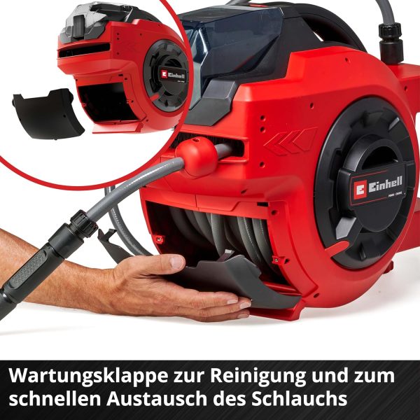 Einhell Akku-Schlauchtrommel GE-HR 18/30 Li-Solo Power X-Change (18 V, automatische Schlauchaufwicklung, bis zu 180° schwenkbar, Wandhalterung, 30 m Gartenschlauch & -spritze, ohne Akku) 7