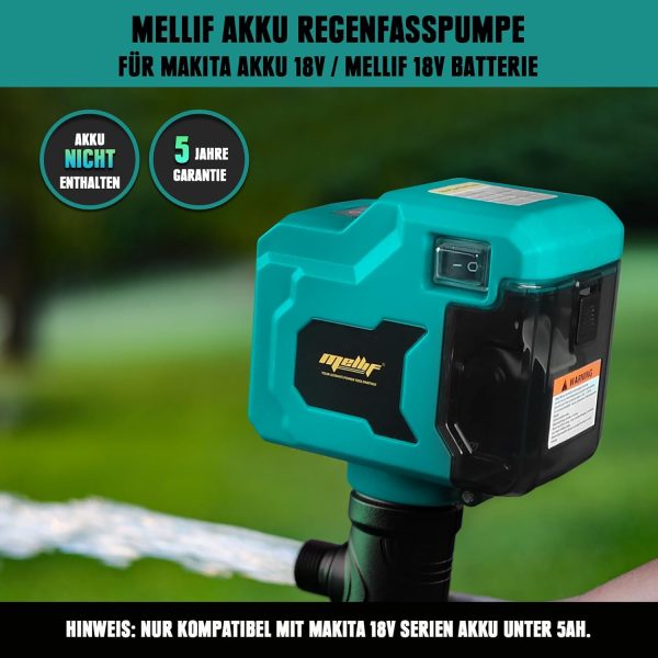 Mellif Akku Regenfasspumpe Wasserpumpe für Makita Akku 18V, max. Fördermenge 2725 L/h,Förderhöhe 8 m, Tauchdruckpumpe, bürstenlos Motor Automatisch Stop, mit Wasserrohr für Garten,Pool (ohne Akku) 2