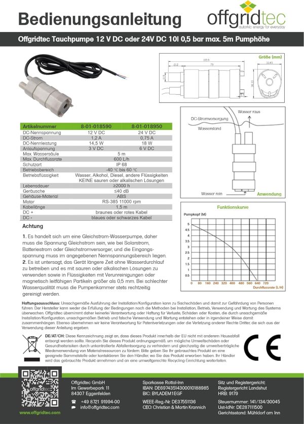 Offgridtec Tauchpumpe 24V DC 10l 0,5 bar max. 5m Pumphöhe 3