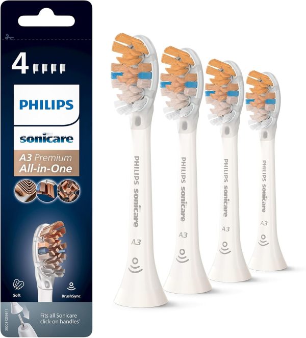 Philips Sonicare Original A3 Premium All-in-One-Ersatz-Bürstenkopf für die elektrische Zahnbürste – 4er-Pack Philips Sonicare Ersatz-Bürstenköpfe in Weiß (Modell HX9094/10) 1