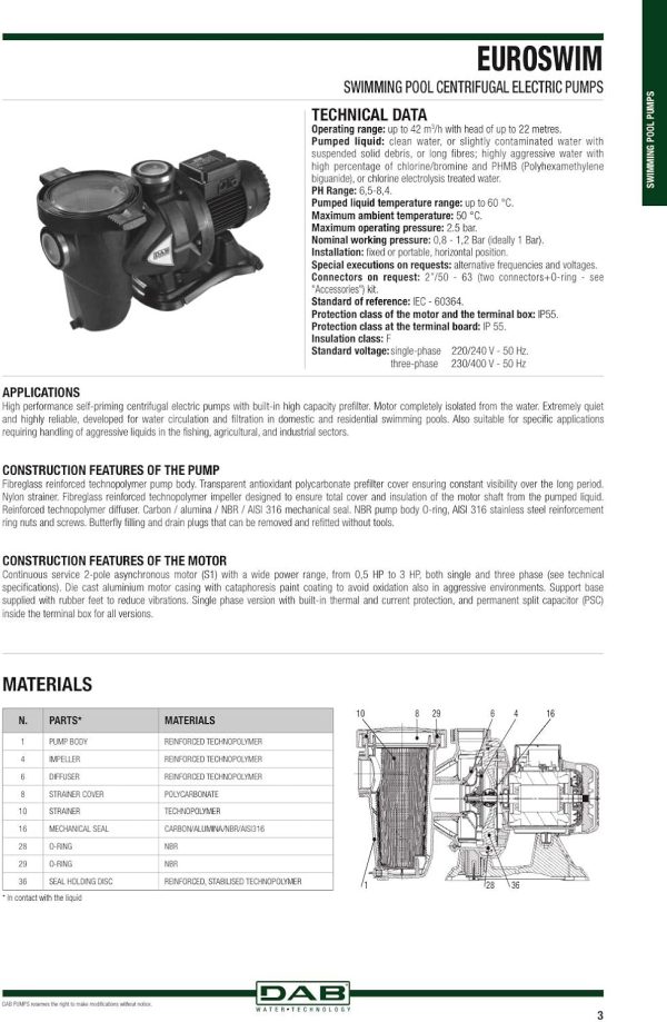 DAB EUROSWIM 50 M 0,75 HP IE2 Elektropumpe für Schwimmbäder, einphasig, selbstansaugend, leise, für Haushalt und Wohnungen, aggressive Flüssigkeiten, Fischzucht, Landwirtschaft und Industrie. 4