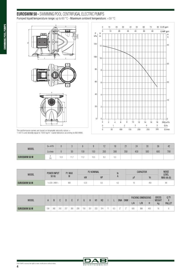 DAB EUROSWIM 50 M 0,75 HP IE2 Elektropumpe für Schwimmbäder, einphasig, selbstansaugend, leise, für Haushalt und Wohnungen, aggressive Flüssigkeiten, Fischzucht, Landwirtschaft und Industrie. 5