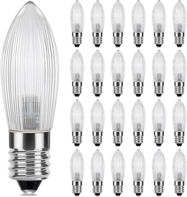 DiCUNO E10 LED Riffelkerze, 25x Spitzkerze für Schwibbogen, LED Ersatzbirne 0.2W ersatz 1W Topkerze, warmweiß 2300K, 5-55V, für Lichterbogen, Adventsleuchter, Lichterkette 1