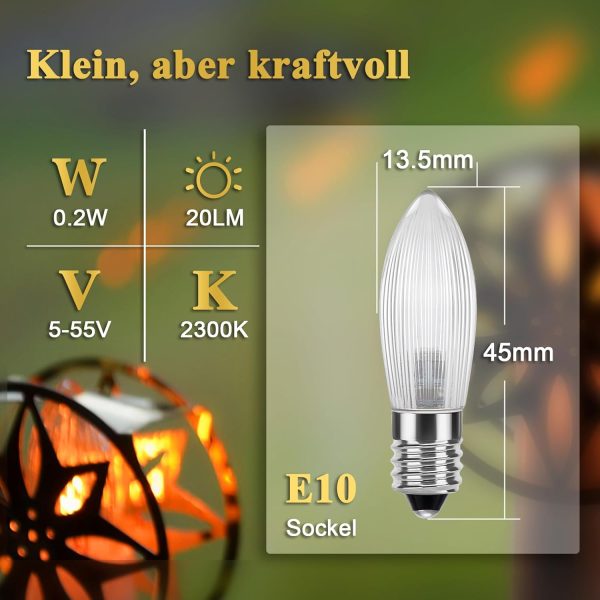 DiCUNO E10 LED Riffelkerze, 25x Spitzkerze für Schwibbogen, LED Ersatzbirne 0.2W ersatz 1W Topkerze, warmweiß 2300K, 5-55V, für Lichterbogen, Adventsleuchter, Lichterkette 2