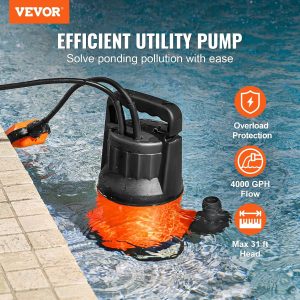 VEVOR Schmutzwasserpumpe, 700 W, 15700 L/h hoher Durchfluss, 10,1 m Förderhöhe, Tauchpumpe, tragbare Wasserpumpe mit 3 m langem Netzkabel zum Abpumpen von Wasser aus Schwimmbecken, Gartenteich, Keller 12