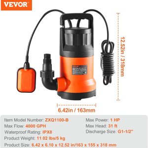 VEVOR Schmutzwasserpumpe, 700 W, 15700 L/h hoher Durchfluss, 10,1 m Förderhöhe, Tauchpumpe, tragbare Wasserpumpe mit 3 m langem Netzkabel zum Abpumpen von Wasser aus Schwimmbecken, Gartenteich, Keller 22