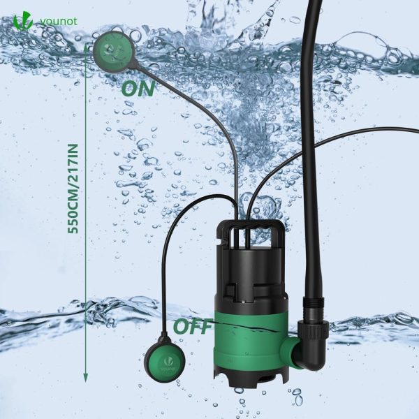 VOUNOT Schmutzwasserpumpe Tauchpumpe Schmutzwasser mit Integriertem Schwimmer, Abwasserpumpe Fördermenge 8000 l/h, Förderhöhe max 5.5 m, Eintauchtiefe max. 7 m, 10 m Anschlusskabel 5